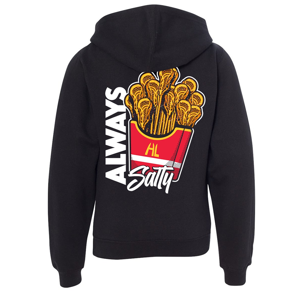 Hobo Lax Always Salty youth lacrosse hoodie in black color featuring lacrosse stick French fries graphic