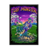 Hobo Lax Turf Monster lacrosse poster featuring player being pulled into ground by monster with psychedelic mushrooms