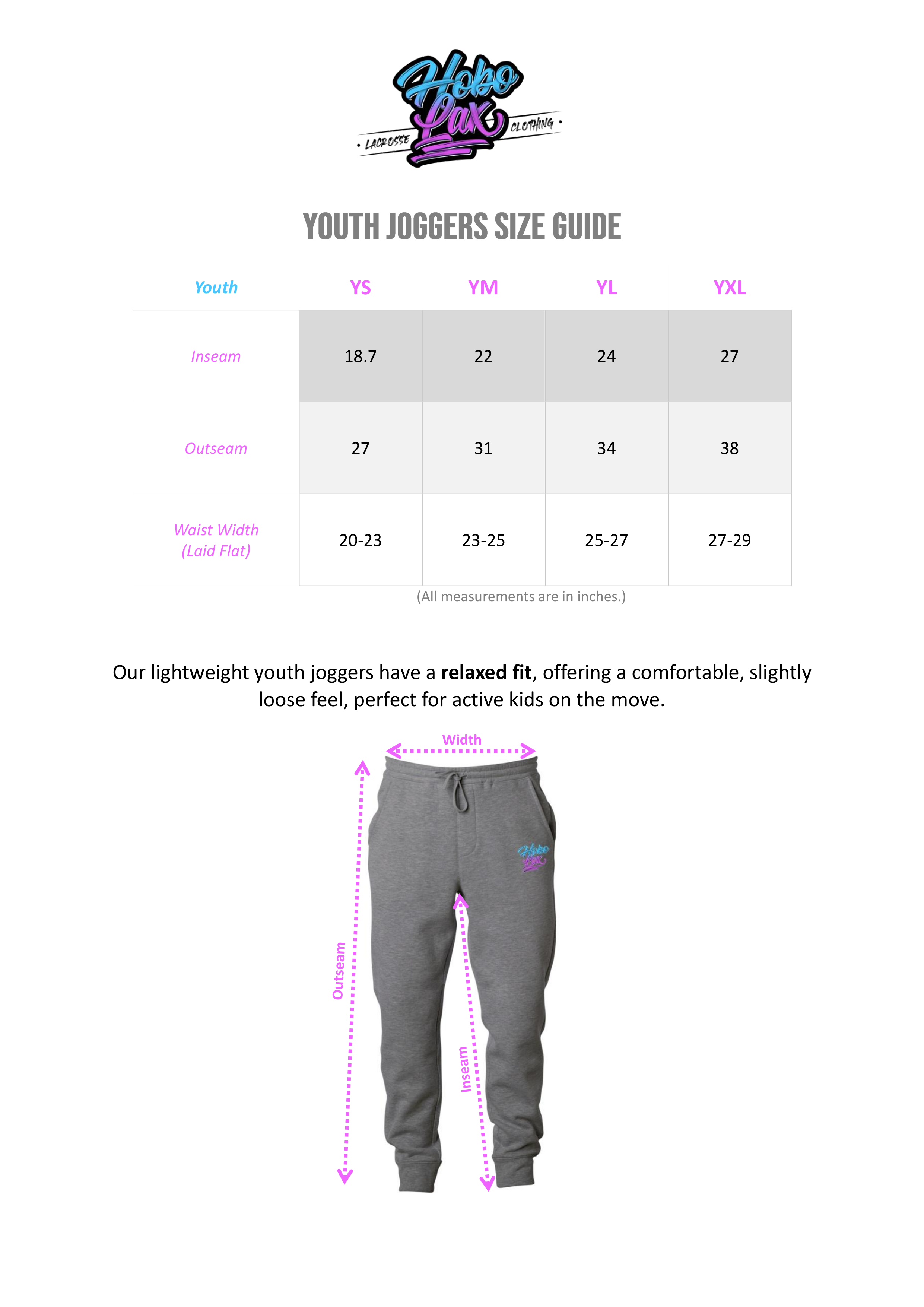 Size guide for Hobo Lax youth joggers featuring logo, size measurements table, fit description, and graphic of gray sweatpants.